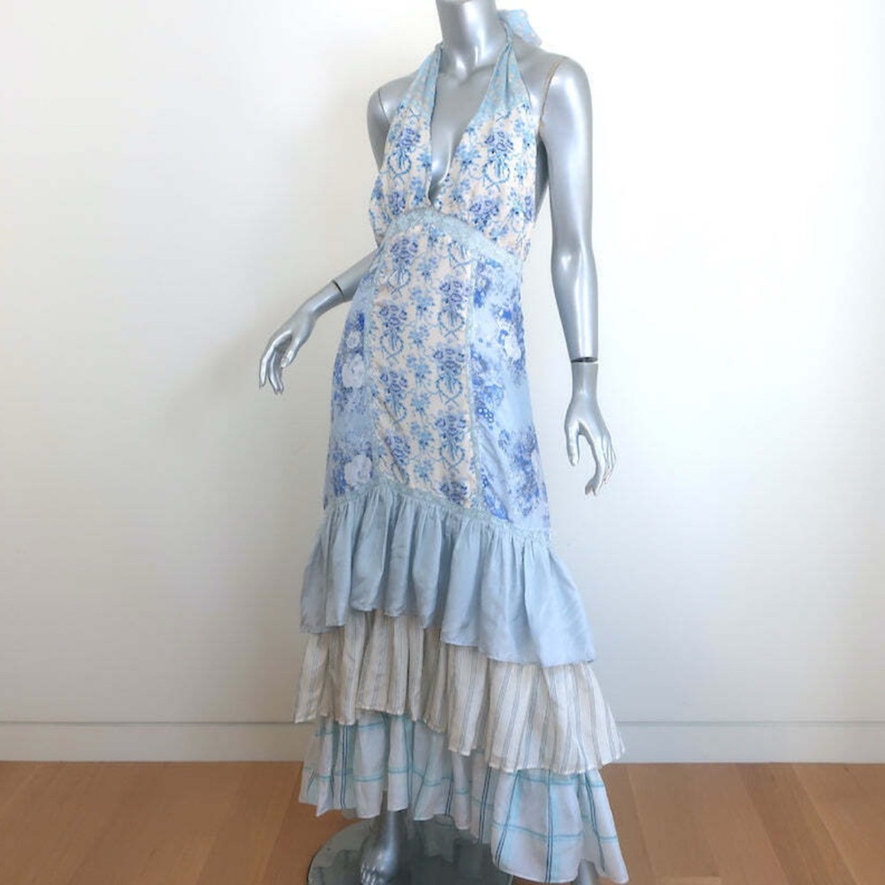 LoveShackFancy Sicilia Ruffled Maxi Dress Blue/White Floral Print